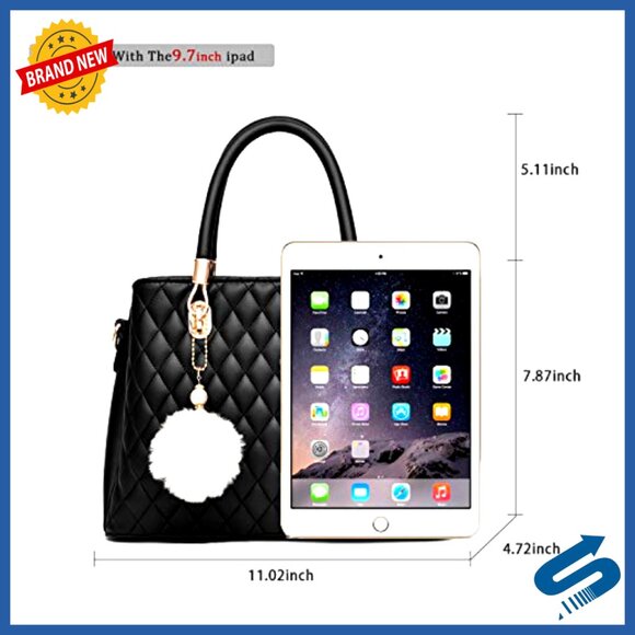 PU Leather Top Handle Tote Satchel Shoulder Bag with Pompom - Picture 4 of 7